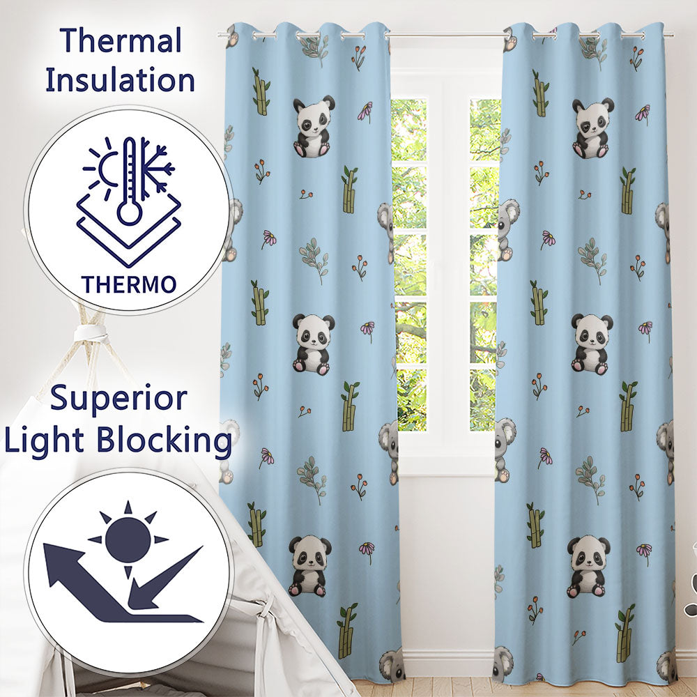 Panda Bamboo and Floral Minimal Seamless  on Blue Background  Readymade Eyelet Ring Top Thermal 100% Blackout Curtains