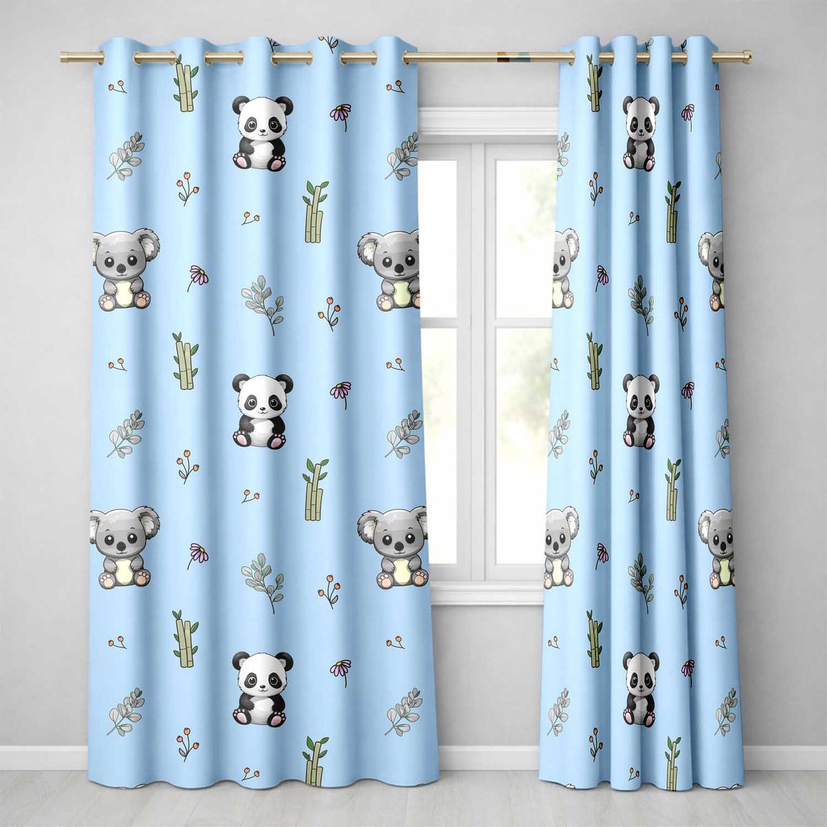 Panda Bamboo and Floral Minimal Seamless  on Blue Background  Readymade Eyelet Ring Top Thermal 100% Blackout Curtains
