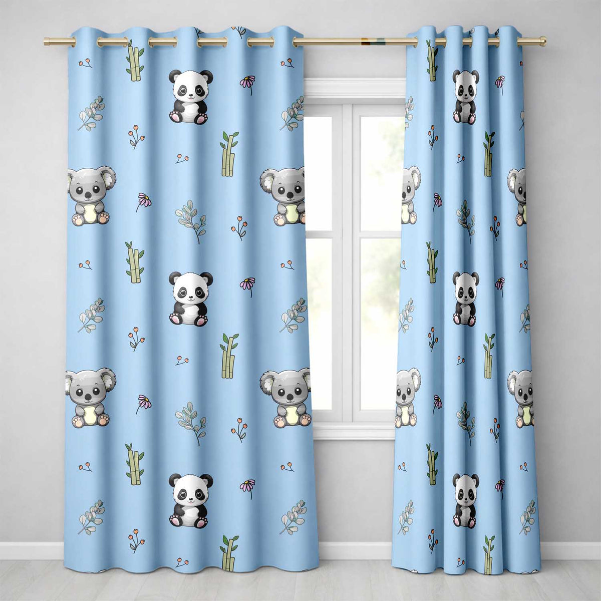 Panda Bamboo and Floral Minimal Seamless  on Sky Blue Background  Readymade Eyelet Ring Top Thermal 100% Blackout Curtains