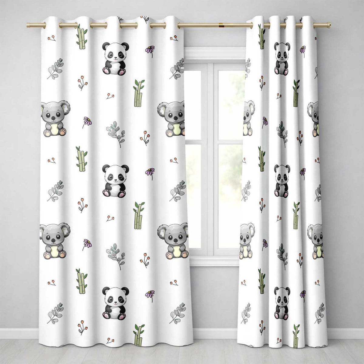 Panda Bamboo and Floral Minimal   on Neutral Beige Background  Readymade Eyelet Ring Top Thermal 100% Blackout Curtains