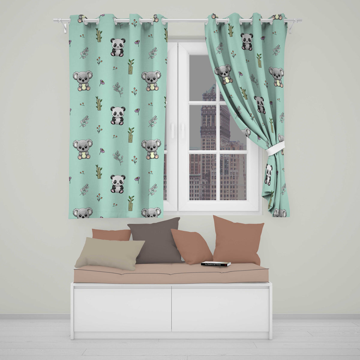 Panda Bamboo and Floral Minimal Seamless  on Mint Green Background  Readymade Eyelet Ring Top Thermal 100% Blackout Curtains