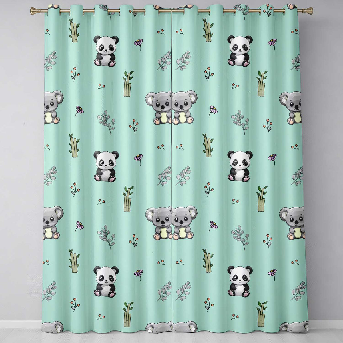 Panda Bamboo and Floral Minimal Seamless  on Mint Green Background  Readymade Eyelet Ring Top Thermal 100% Blackout Curtains