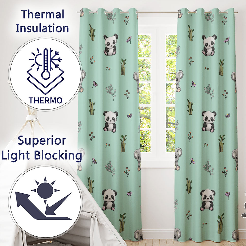 Panda Bamboo and Floral Minimal Seamless  on Mint Green Background  Readymade Eyelet Ring Top Thermal 100% Blackout Curtains