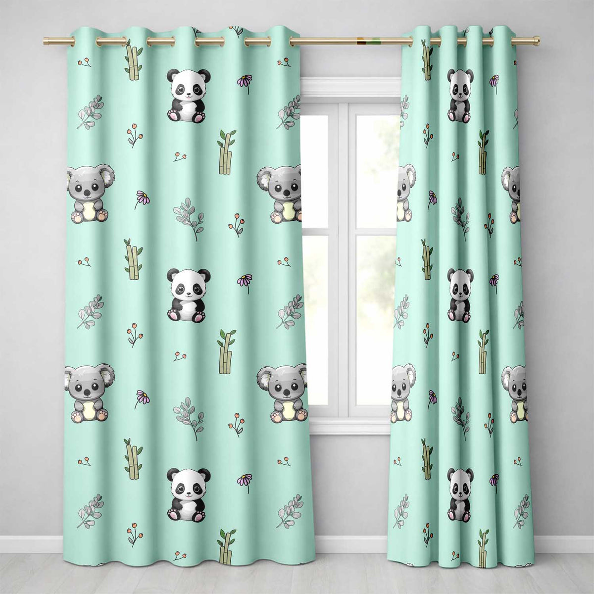 Panda Bamboo and Floral Minimal Seamless  on Mint Green Background  Readymade Eyelet Ring Top Thermal 100% Blackout Curtains