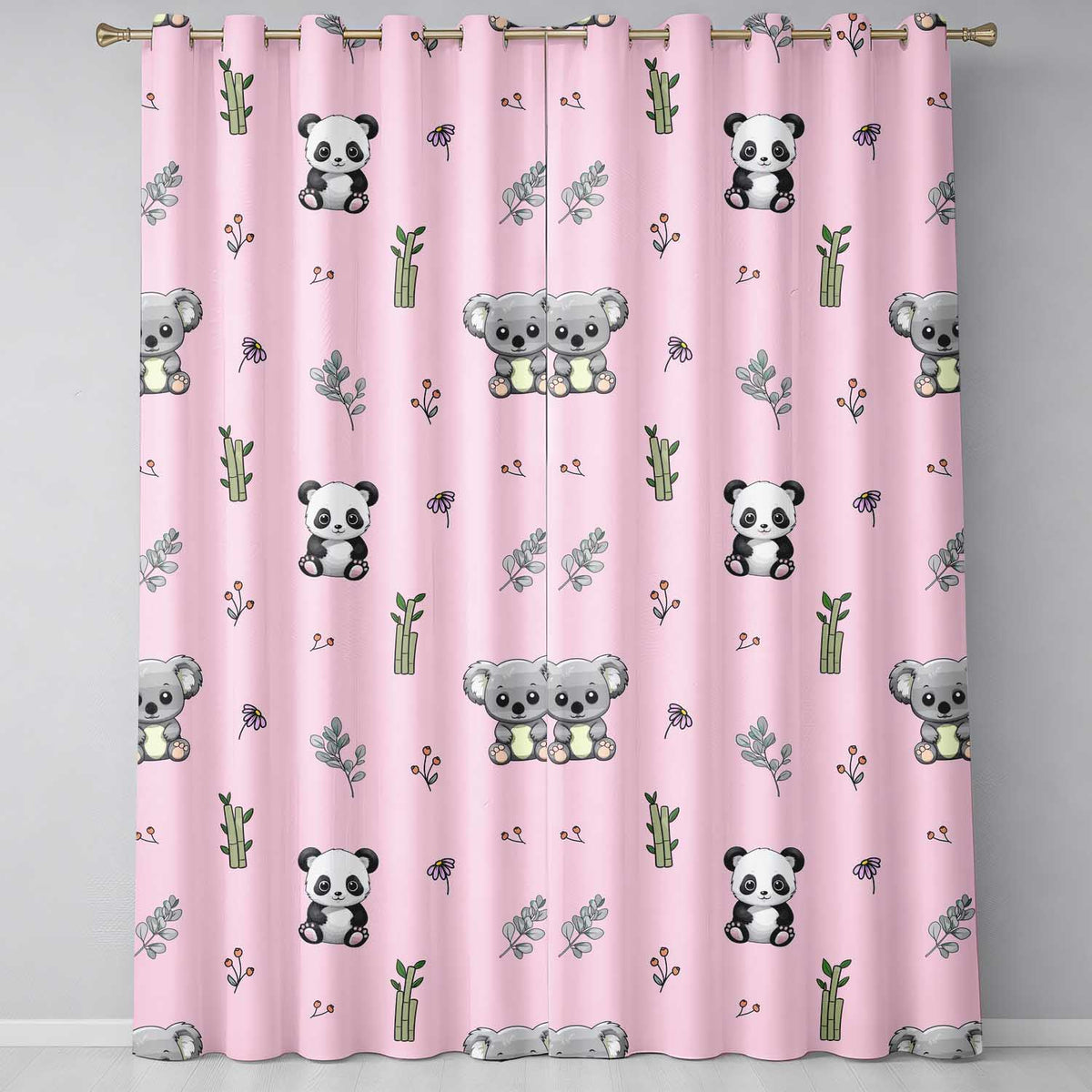 Panda Bamboo and Floral Minimal Seamless  on Soft Pink Background  Readymade Eyelet Ring Top Thermal 100% Blackout Curtains