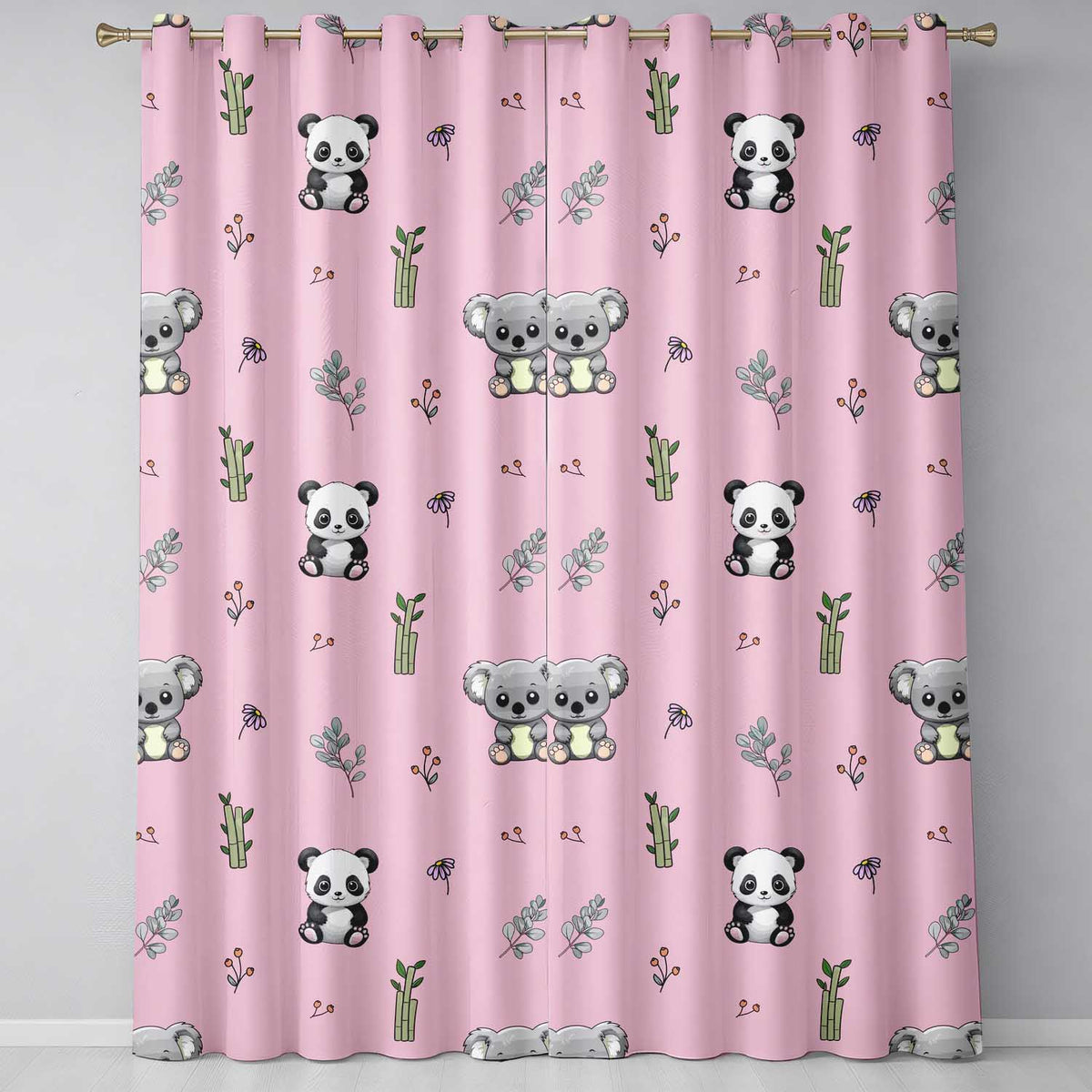 Panda Bamboo and Floral Minimal Seamless  on Blush Pink Background  Readymade Eyelet Ring Top Thermal 100% Blackout Curtains