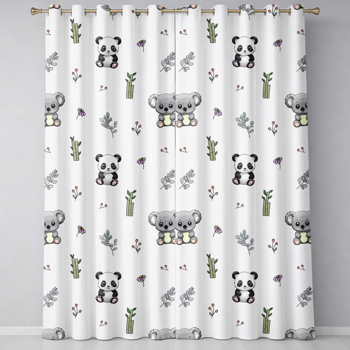 Panda Bamboo and Floral Minimal Seamless  on Clean White Background  Readymade Eyelet Ring Top Thermal 100% Blackout Curtains