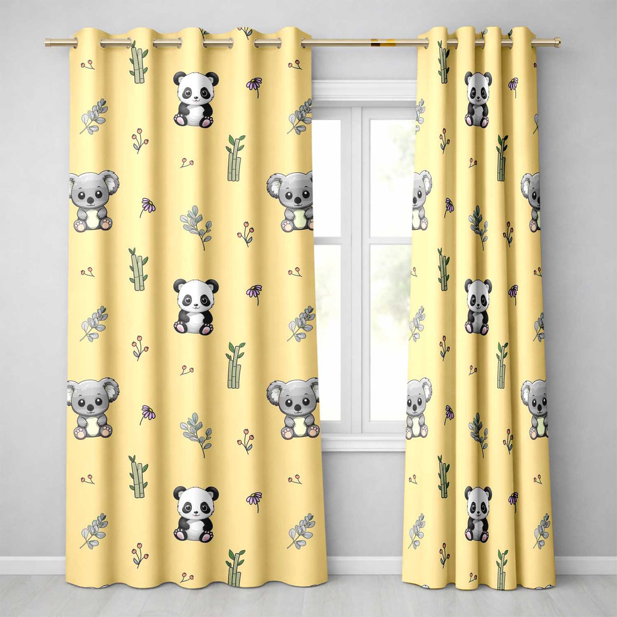 Panda Bamboo and Floral Minimal Seamless  on Warm Yellow Background  Readymade Eyelet Ring Top Thermal 100% Blackout Curtains