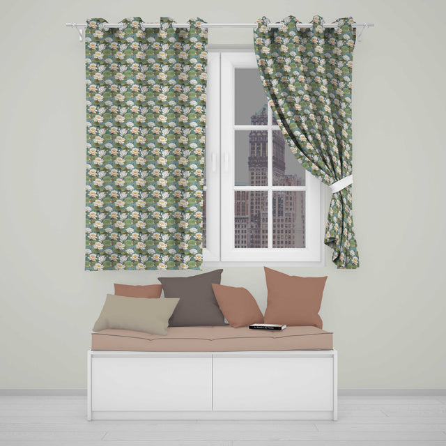 Traditional Lotus Pond Floral  with Calm Blue Background  Readymade Eyelet Ring Top Thermal 100% Blackout Curtains