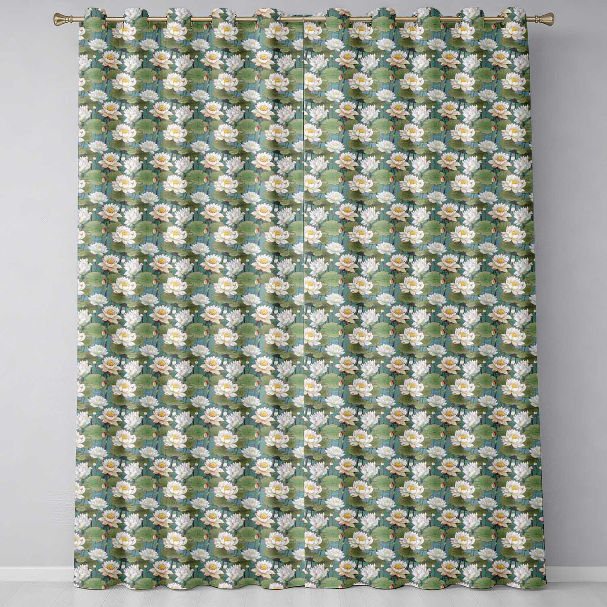 Traditional Lotus Pond Floral  with Calm Blue Background  Readymade Eyelet Ring Top Thermal 100% Blackout Curtains