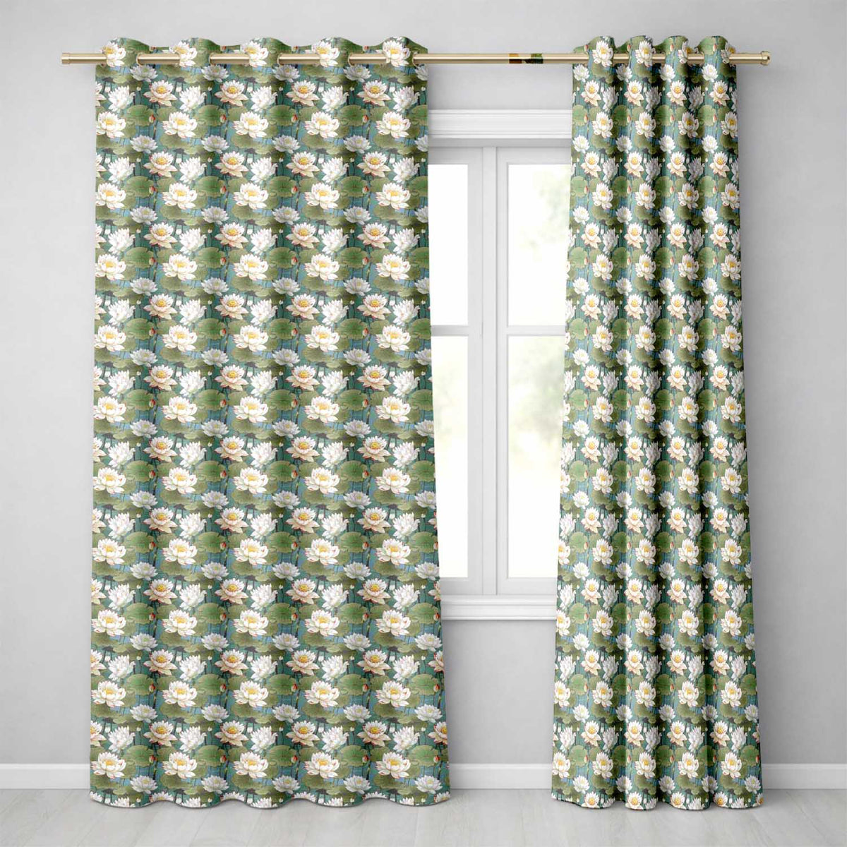 Traditional Lotus Pond Floral  with Calm Blue Background  Readymade Eyelet Ring Top Thermal 100% Blackout Curtains
