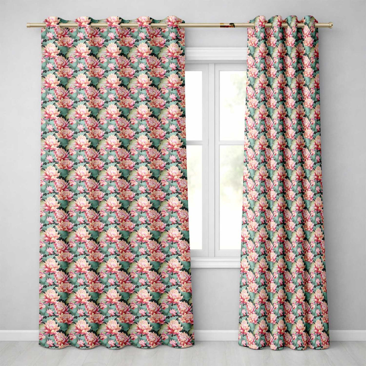 Vibrant Pink Lotus Flowers on Dark Background Botanical  Readymade Eyelet Ring Top Thermal 100% Blackout Curtains