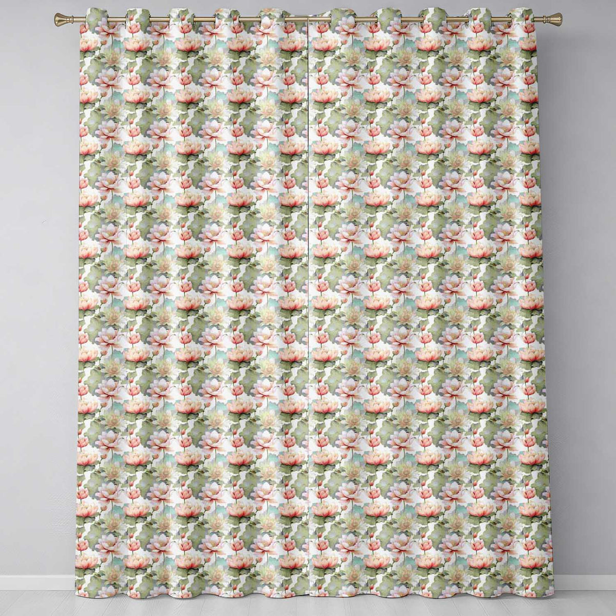 Soft Pastel Lotus Blossom  with Elegant Botanical Arrangement  Readymade Eyelet Ring Top Thermal 100% Blackout Curtains
