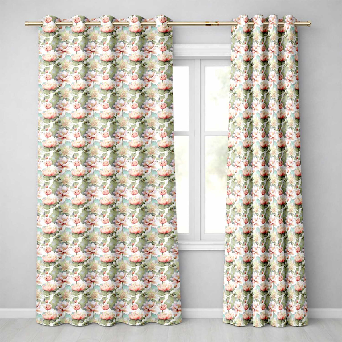 Soft Pastel Lotus Blossom  with Elegant Botanical Arrangement  Readymade Eyelet Ring Top Thermal 100% Blackout Curtains