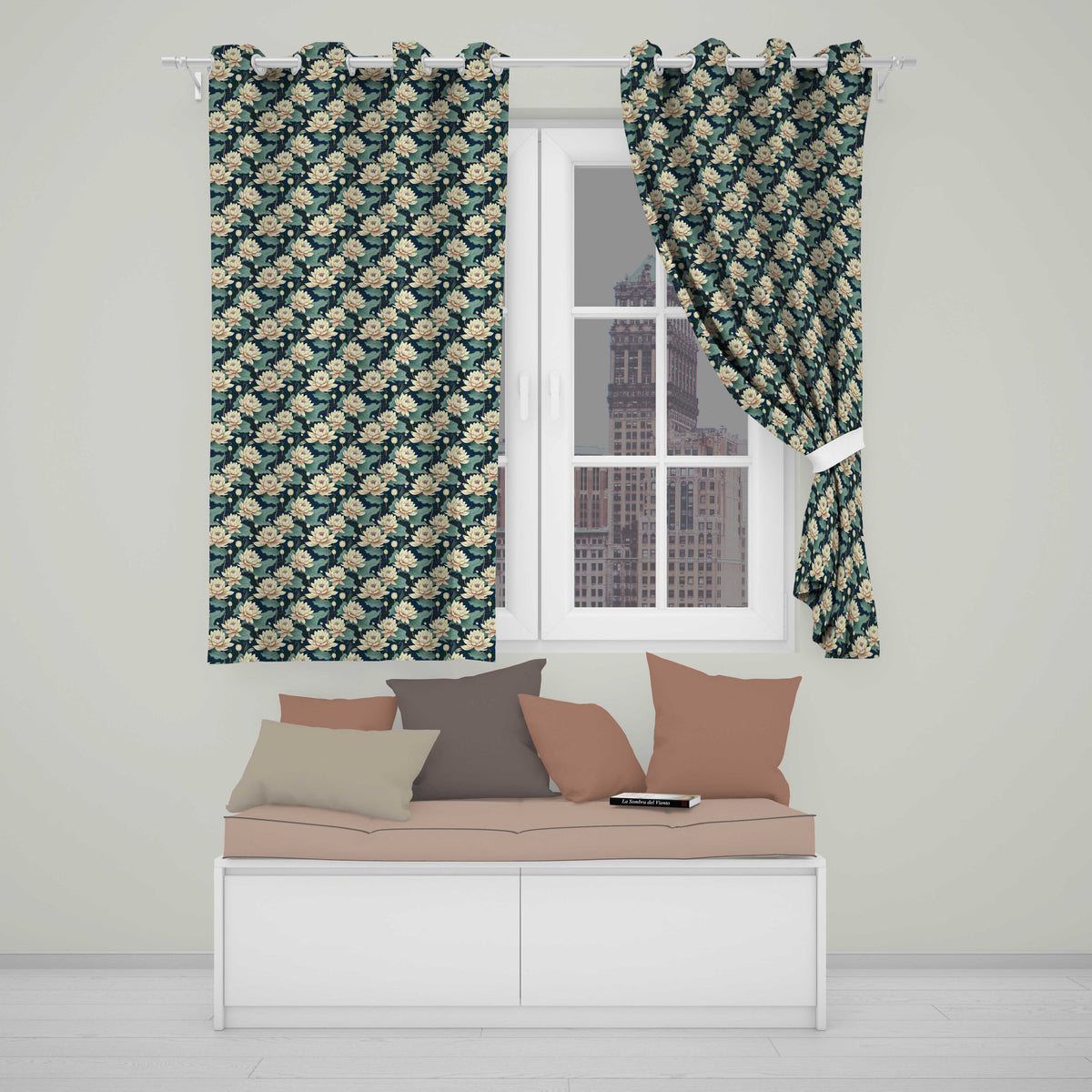 Cream Lotus Flowers on Deep Navy Background with Decorative Leaves  Readymade Eyelet Ring Top Thermal 100% Blackout Curtains