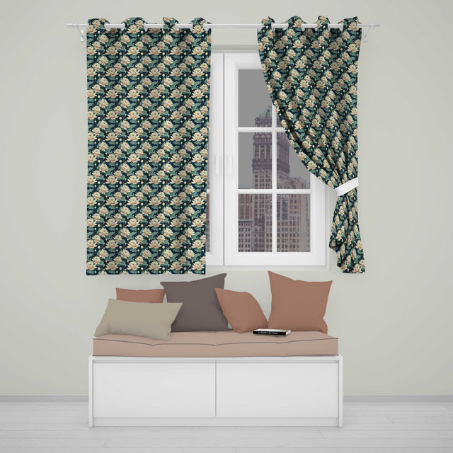 Cream Lotus Flowers on Deep Navy Background with Decorative Leaves  Readymade Eyelet Ring Top Thermal 100% Blackout Curtains