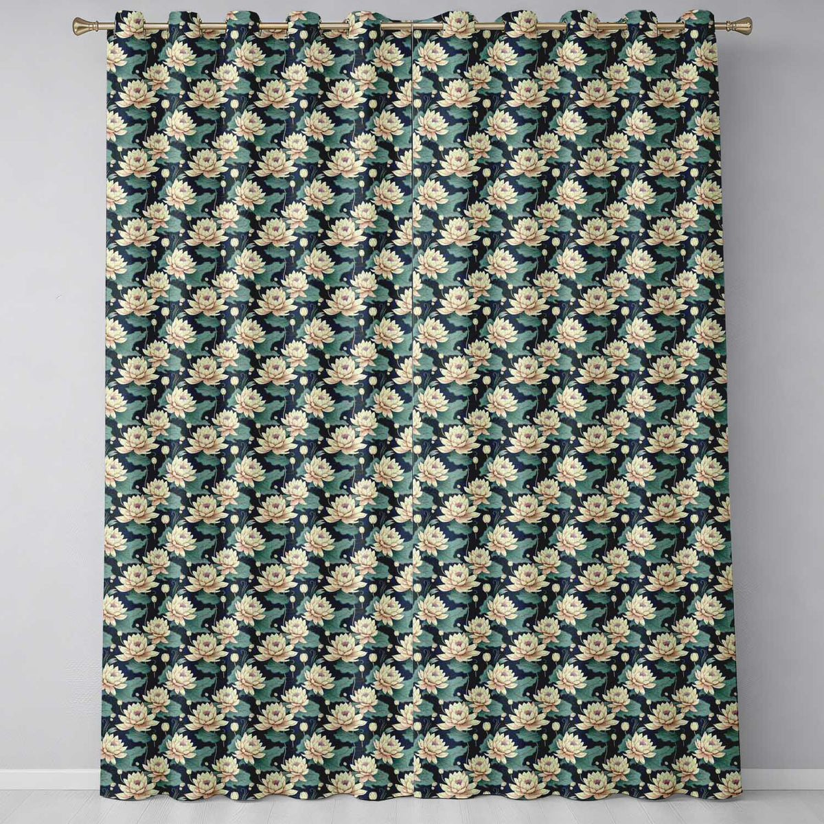 Cream Lotus Flowers on Deep Navy Background with Decorative Leaves  Readymade Eyelet Ring Top Thermal 100% Blackout Curtains