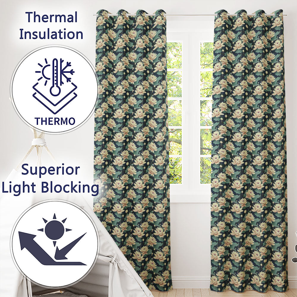 Cream Lotus Flowers on Deep Navy Background with Decorative Leaves  Readymade Eyelet Ring Top Thermal 100% Blackout Curtains