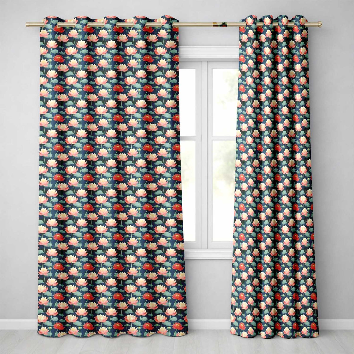 Bright Coral Lotus Floral  with Modern Botanical Style  Readymade Eyelet Ring Top Thermal 100% Blackout Curtains