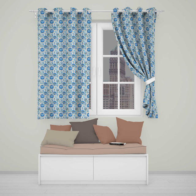 Detailed Blue Floral  with Ornamental Botanical Motifs  Readymade Eyelet Ring Top Thermal 100% Blackout Curtains