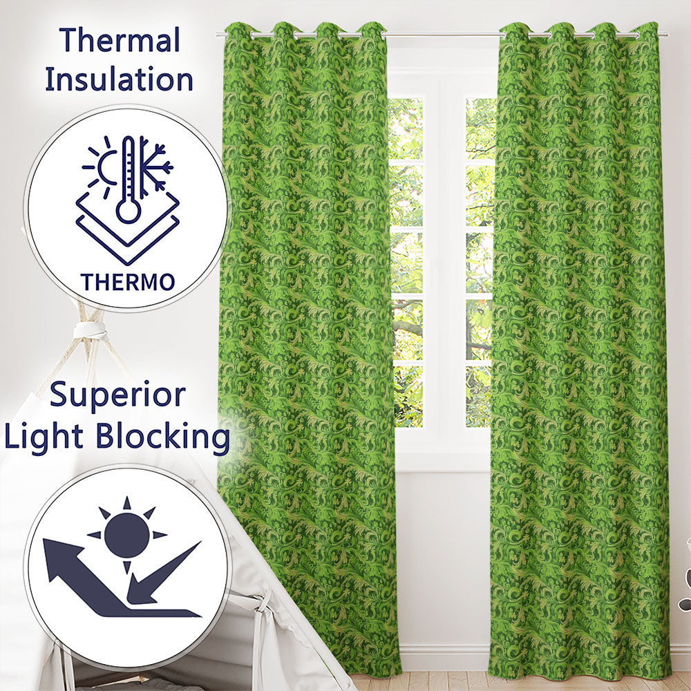 Deep Green Baroque Ornamental Scroll Seamless  Readymade Eyelet Ring Top Thermal 100% Blackout Curtains