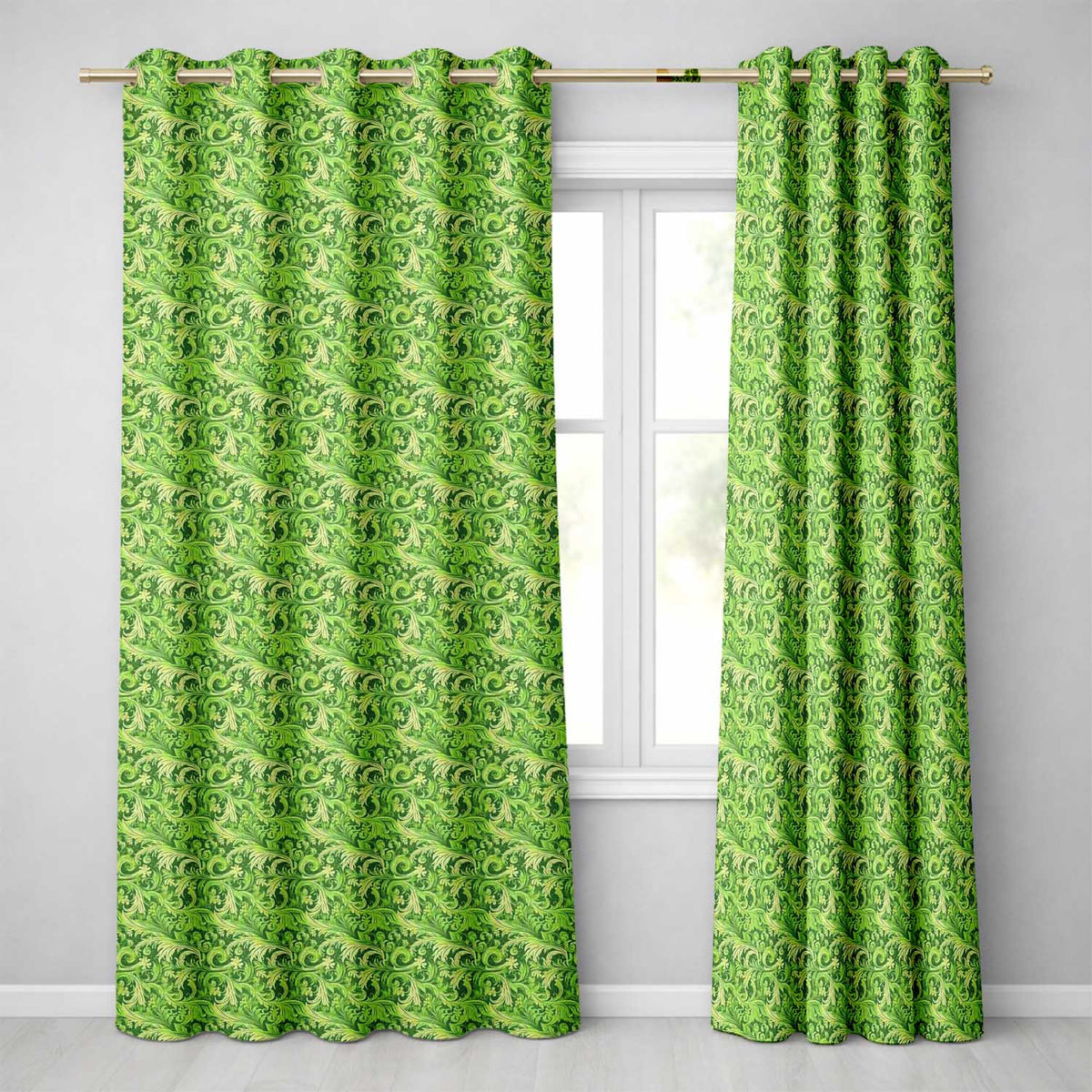 Deep Green Baroque Ornamental Scroll Seamless  Readymade Eyelet Ring Top Thermal 100% Blackout Curtains