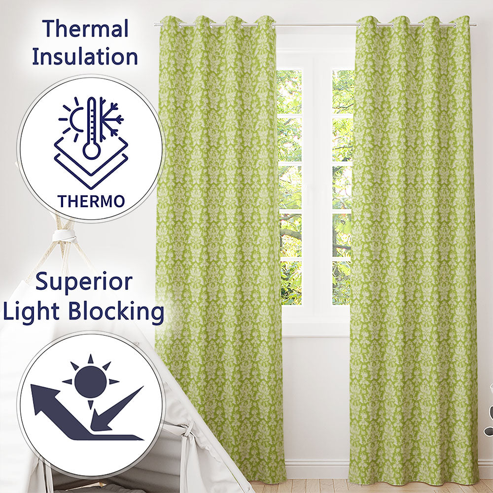 Green and White Traditional Damask Seamless  Readymade Eyelet Ring Top Thermal 100% Blackout Curtains