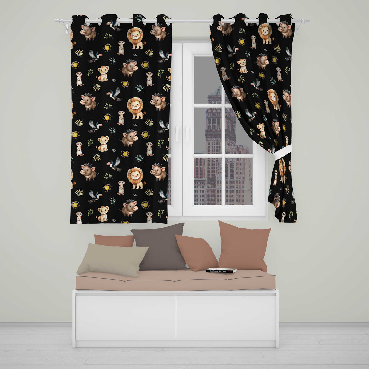 Safari Animals Lion Meerkat Toucan Black Seamless  Readymade Eyelet Ring Top Thermal 100% Blackout Curtains