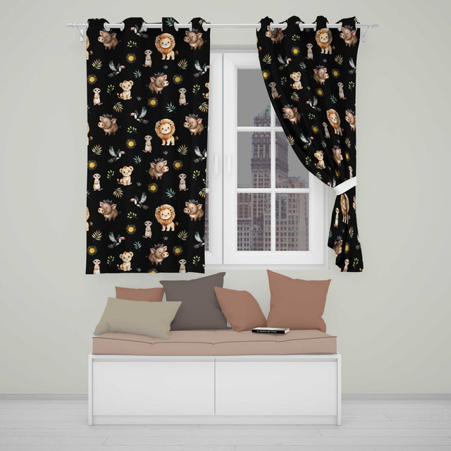 Safari Animals Lion Meerkat Toucan Black Seamless  Readymade Eyelet Ring Top Thermal 100% Blackout Curtains