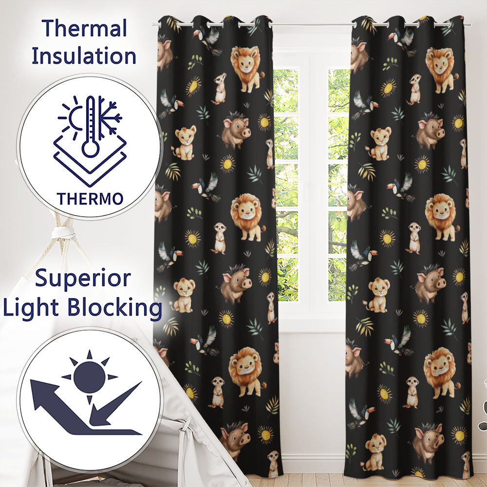 Safari Animals Lion Meerkat Toucan Black Seamless  Readymade Eyelet Ring Top Thermal 100% Blackout Curtains