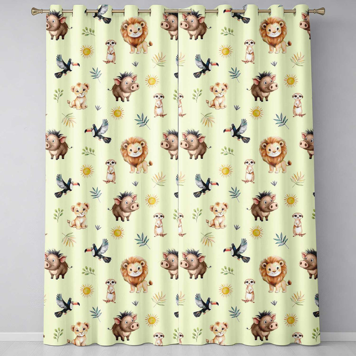 Safari Animals Lion Meerkat Toucan and Warthog with Sun and LeavesBeige  Readymade Eyelet Ring Top Thermal 100% Blackout Curtains
