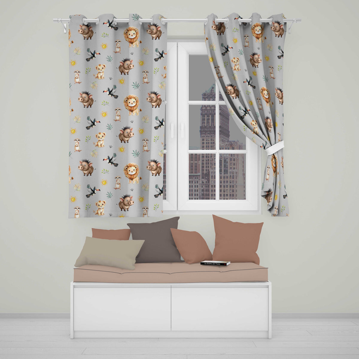 Safari Animals Lion Meerkat Toucan and Warthog with Sun and Leaves on Grey  Readymade Eyelet Ring Top Thermal 100% Blackout Curtains