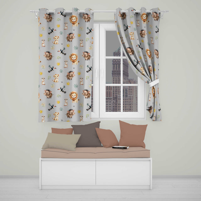 Safari Animals Lion Meerkat Toucan and Warthog with Sun and Leaves on Grey  Readymade Eyelet Ring Top Thermal 100% Blackout Curtains