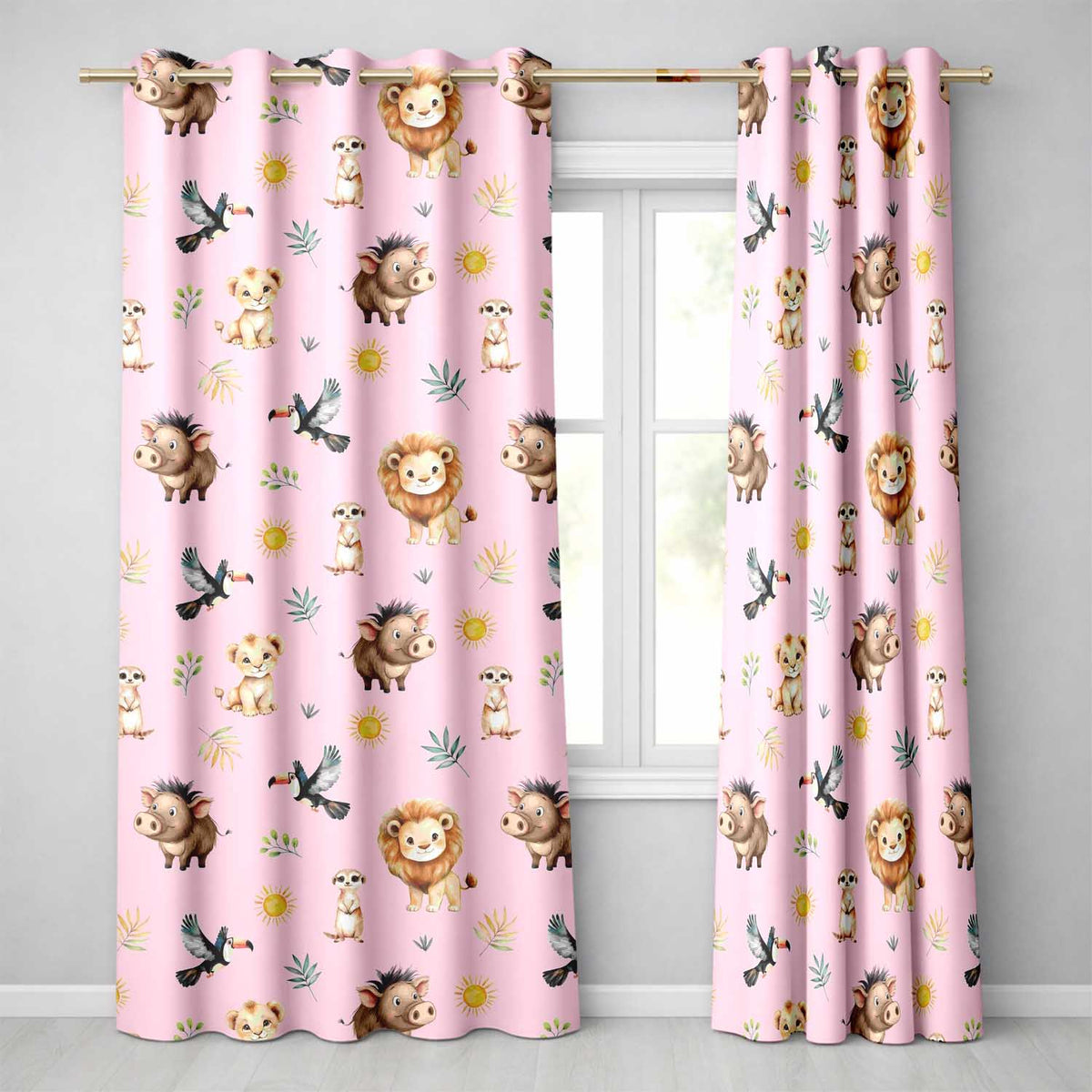 Safari Animals Lion and Warthog with Sun and Leaves on Tan Pink  Readymade Eyelet Ring Top Thermal 100% Blackout Curtains