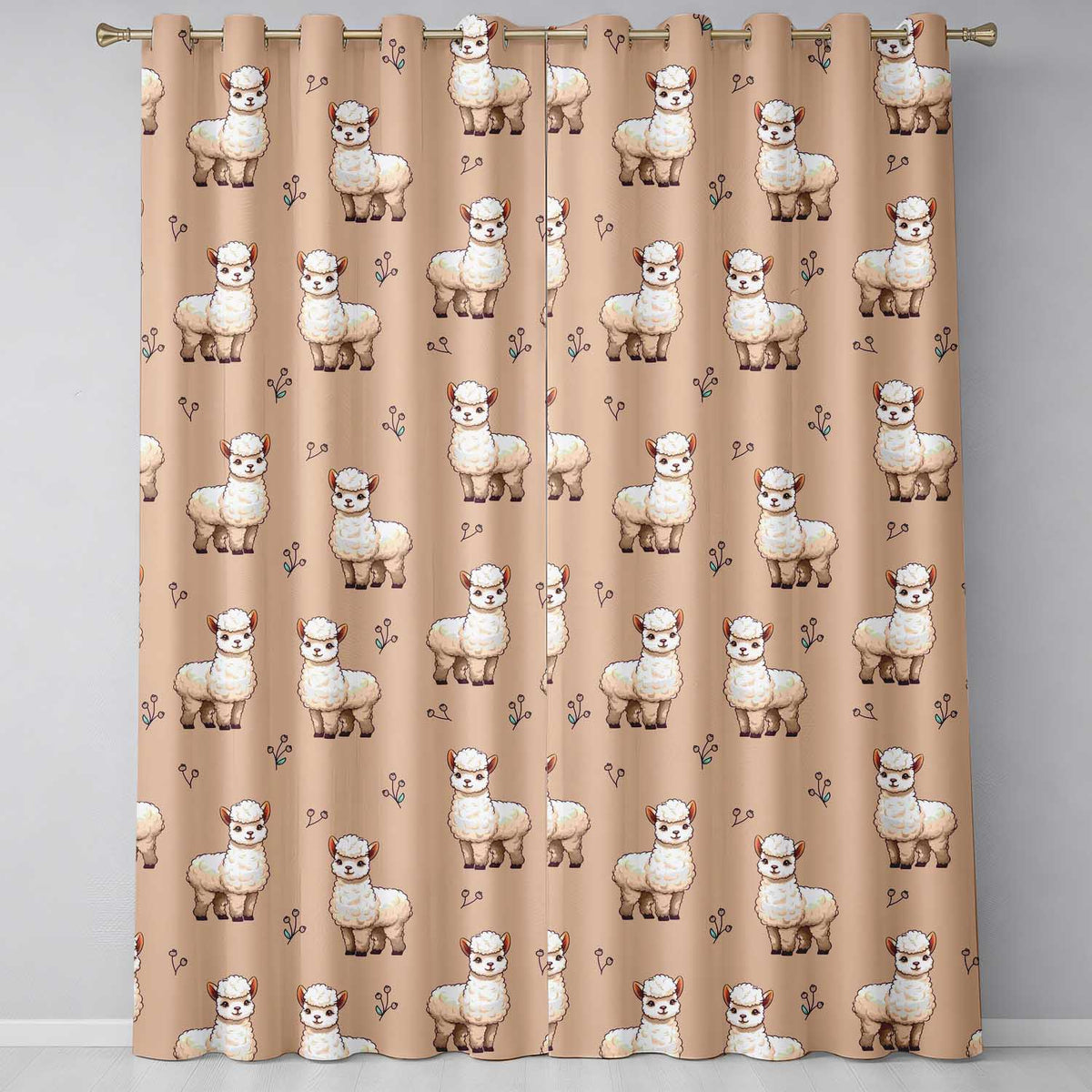 Alpaca Llama  with Floral Sprigs on Peach Background  Readymade Eyelet Ring Top Thermal 100% Blackout Curtains