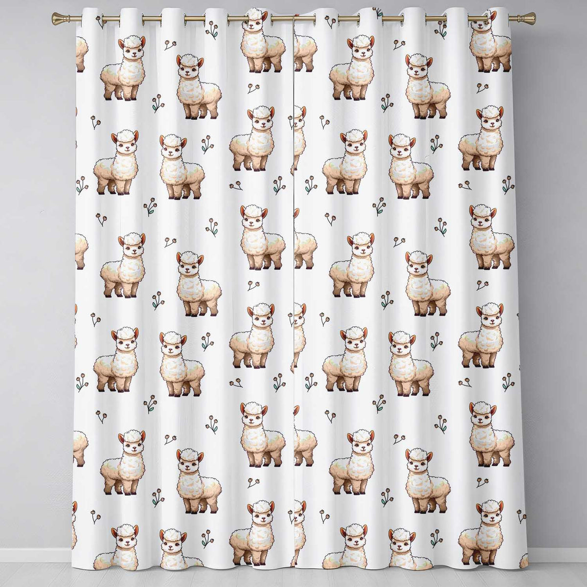 Alpaca Llama  with Floral Sprigs on Cream Background  Readymade Eyelet Ring Top Thermal 100% Blackout Curtains