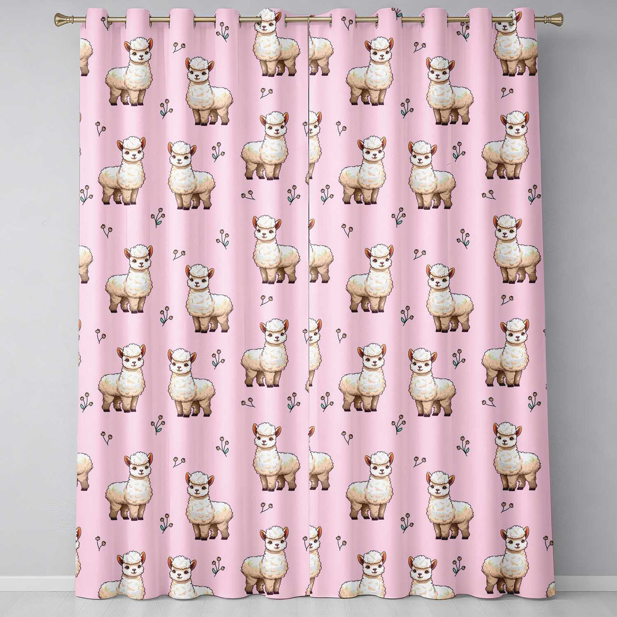 Alpaca Llama  with Floral Sprigs on Soft Pink Background  Readymade Eyelet Ring Top Thermal 100% Blackout Curtains