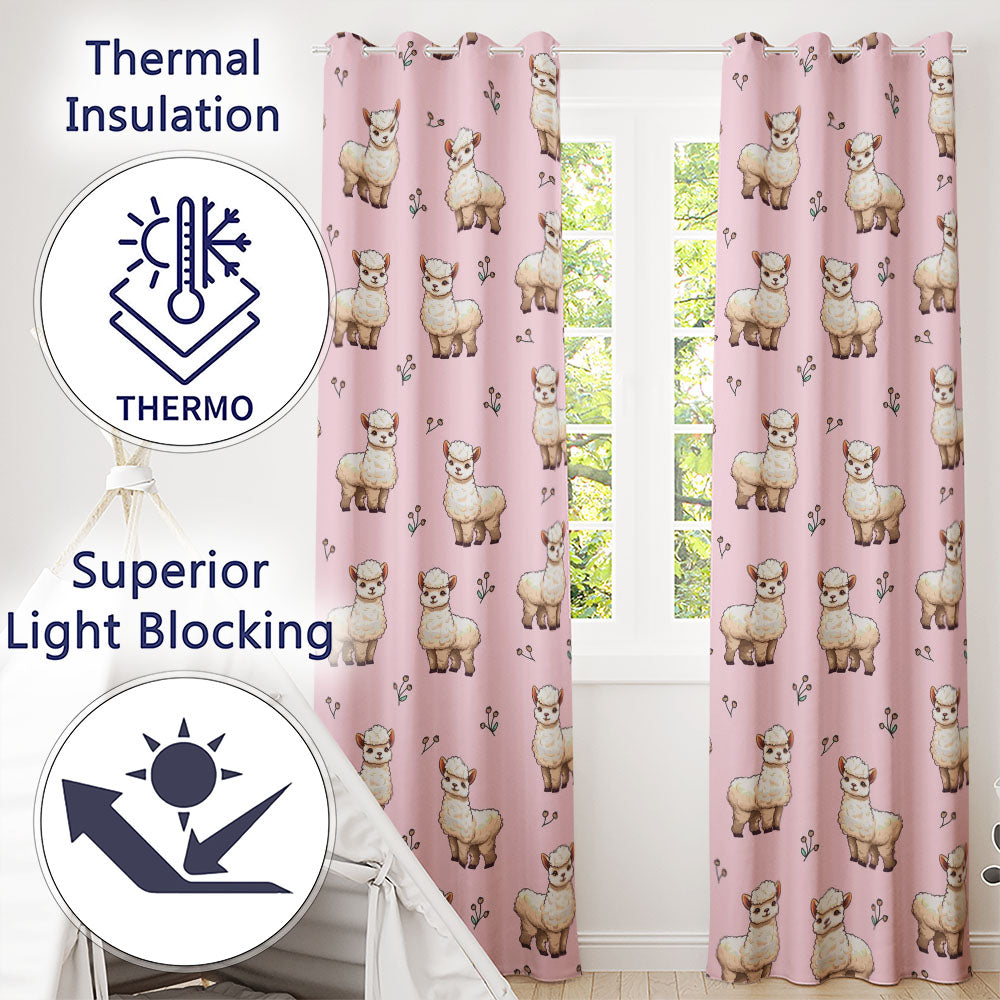 Alpaca Llama  with Floral Sprigs on Soft Pink Background  Readymade Eyelet Ring Top Thermal 100% Blackout Curtains