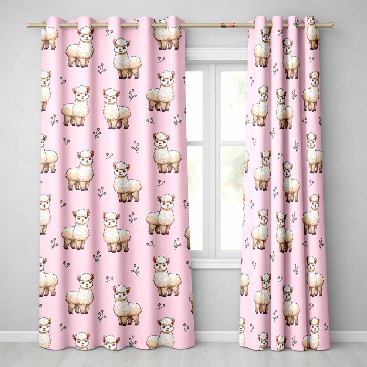 Alpaca Llama  with Floral Sprigs on Soft Pink Background  Readymade Eyelet Ring Top Thermal 100% Blackout Curtains