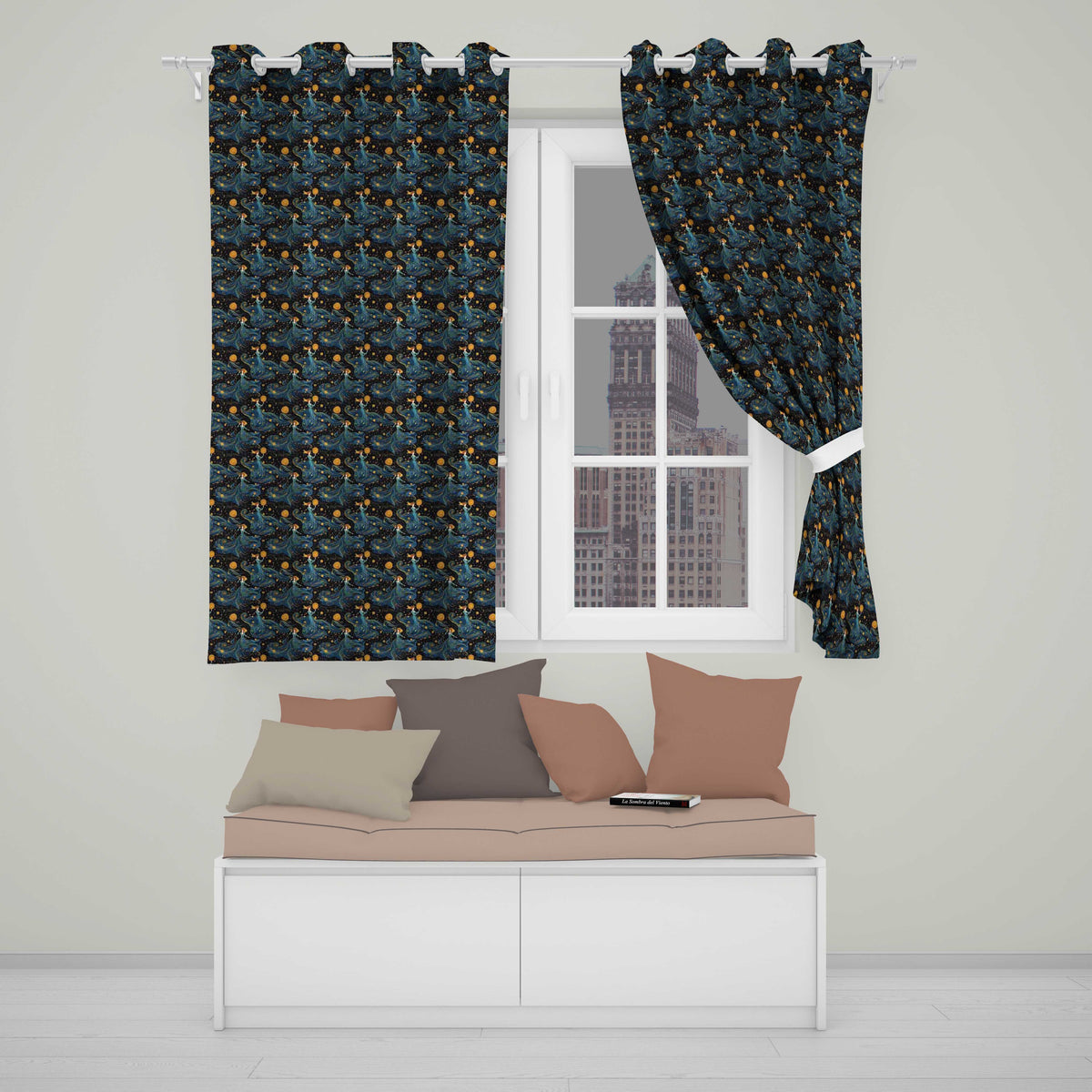 Celestial Goddess in Flowing Blue Dress with Stars and Golden  Readymade Eyelet Ring Top Thermal 100% Blackout Curtains