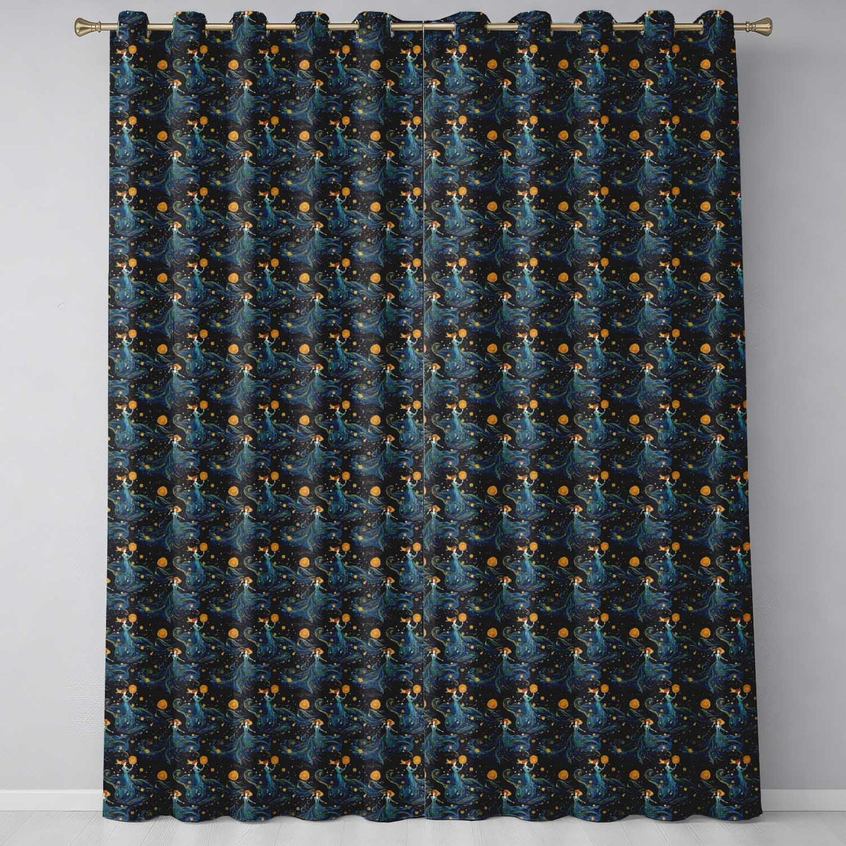 Celestial Goddess in Flowing Blue Dress with Stars and Golden  Readymade Eyelet Ring Top Thermal 100% Blackout Curtains