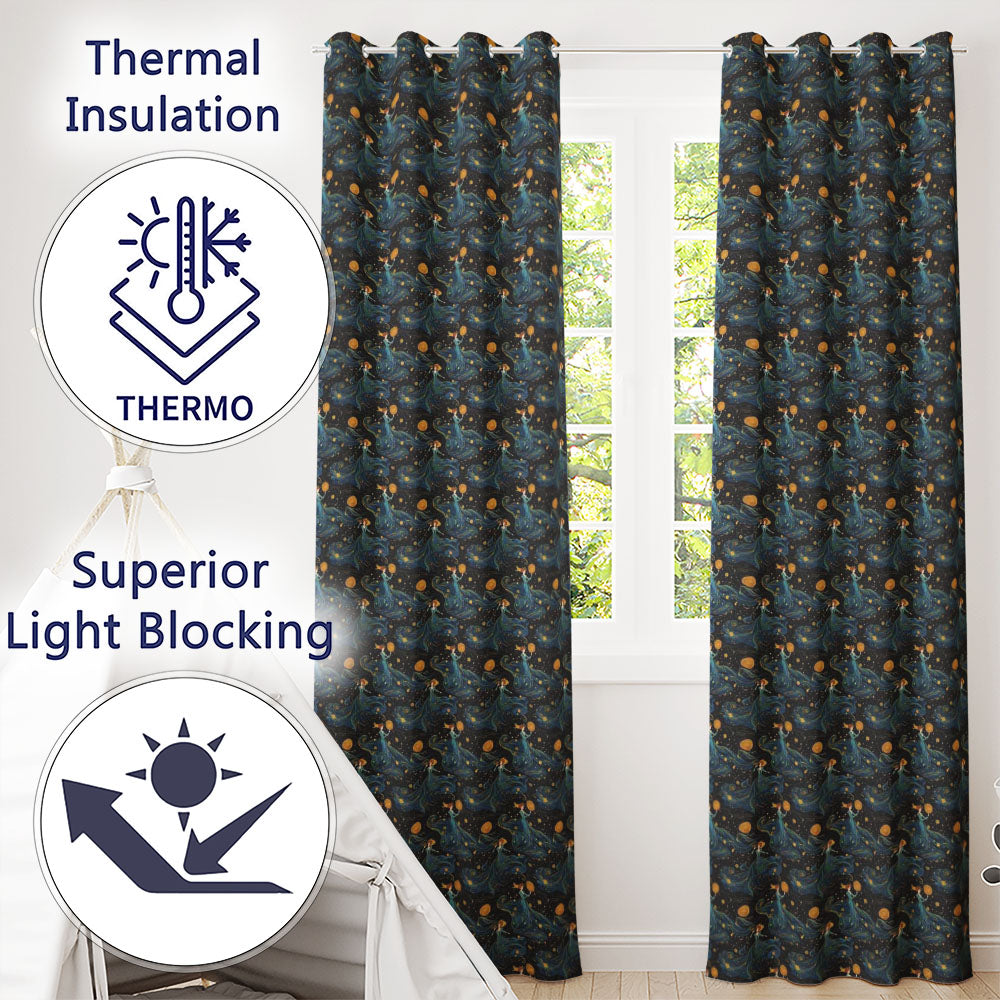 Celestial Goddess in Flowing Blue Dress with Stars and Golden  Readymade Eyelet Ring Top Thermal 100% Blackout Curtains