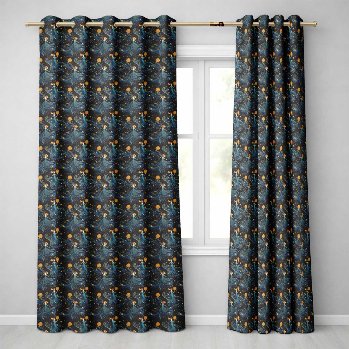 Celestial Goddess in Flowing Blue Dress with Stars and Golden  Readymade Eyelet Ring Top Thermal 100% Blackout Curtains