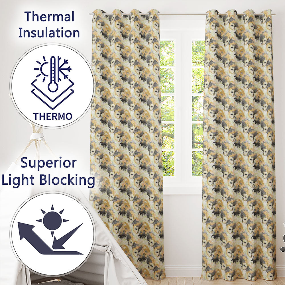 Soft Blue and Gold Floral Mask Design with Elegant Details Seamless  Readymade Eyelet Ring Top Thermal 100% Blackout Curtains