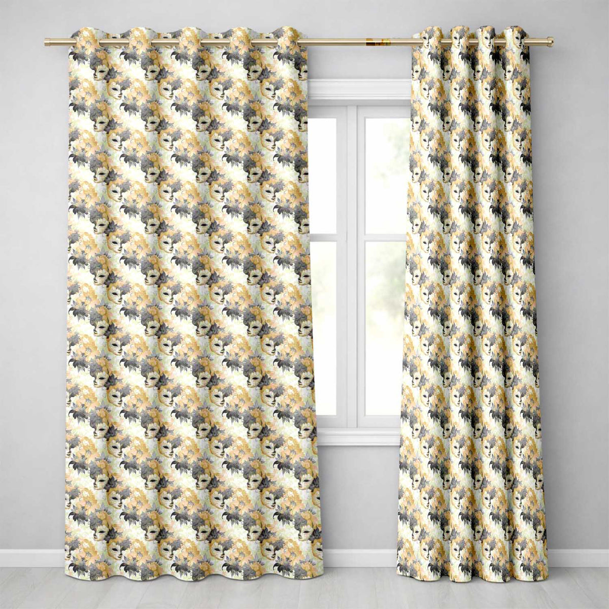 Soft Blue and Gold Floral Mask Design with Elegant Details Seamless  Readymade Eyelet Ring Top Thermal 100% Blackout Curtains