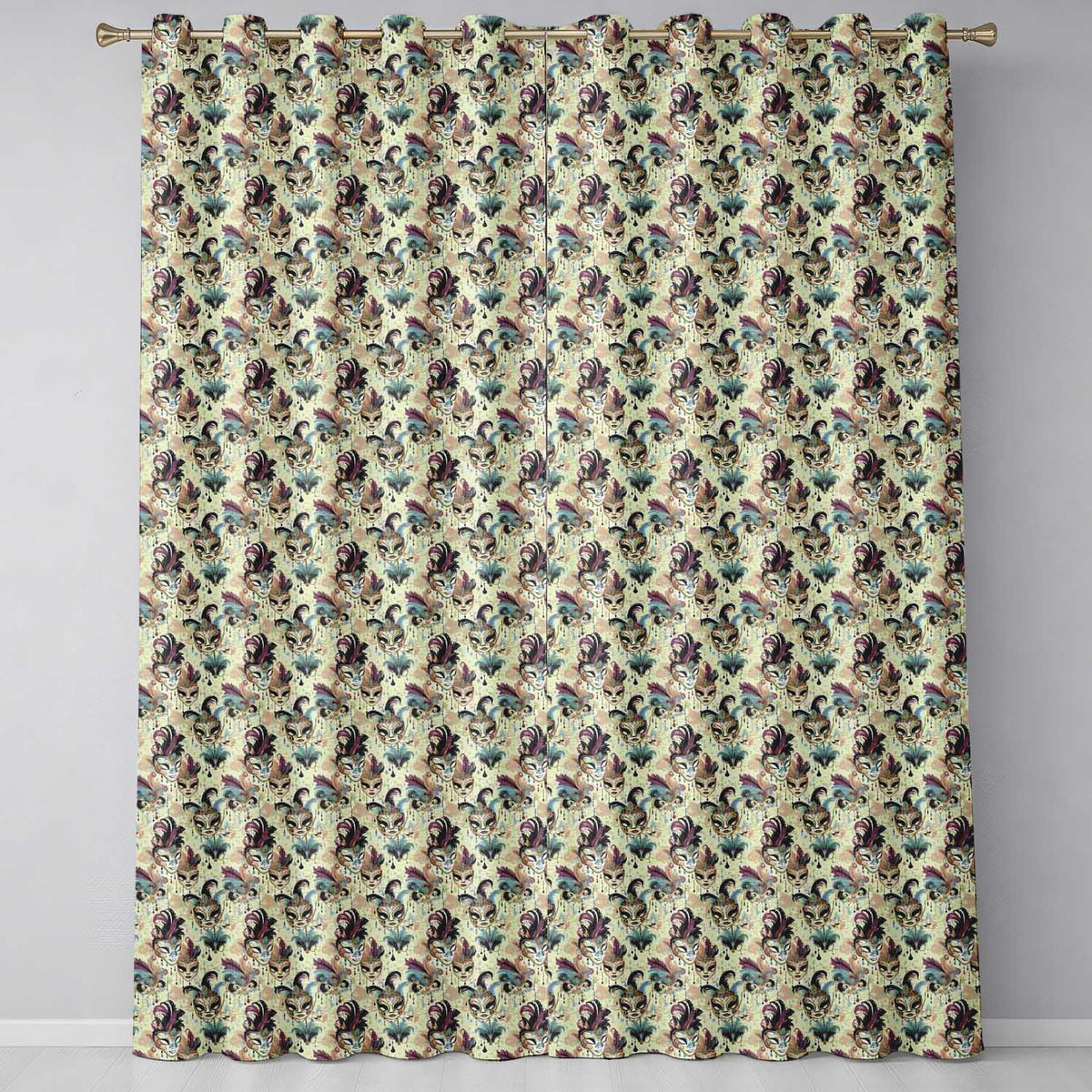 Gold and Black Stylised Venetian Masks in Repeating  Seamless  Readymade Eyelet Ring Top Thermal 100% Blackout Curtains