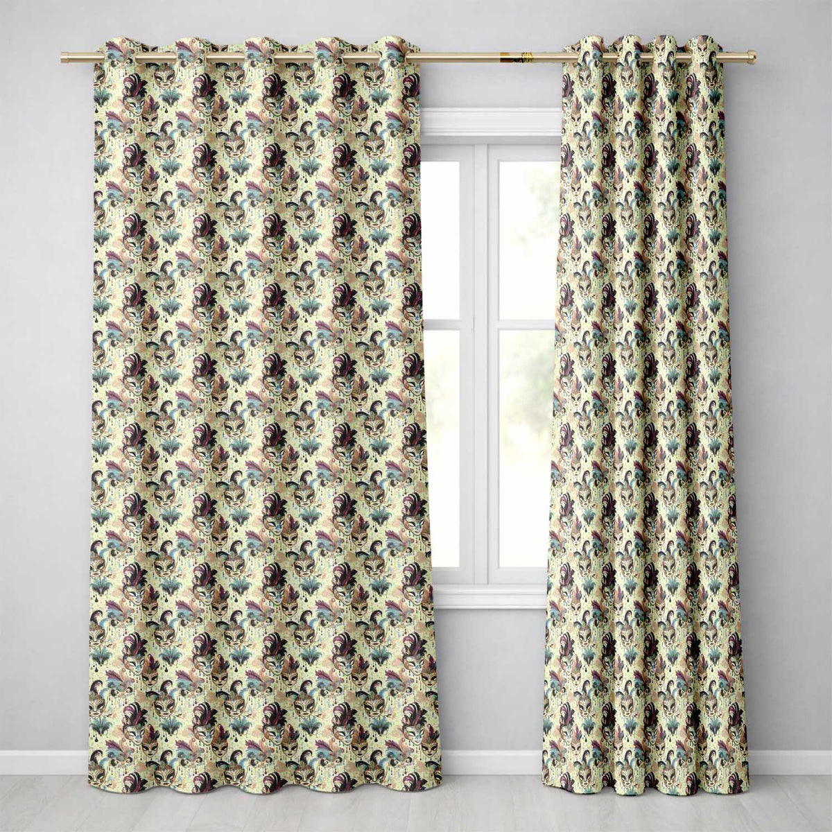 Gold and Black Stylised Venetian Masks in Repeating  Seamless  Readymade Eyelet Ring Top Thermal 100% Blackout Curtains