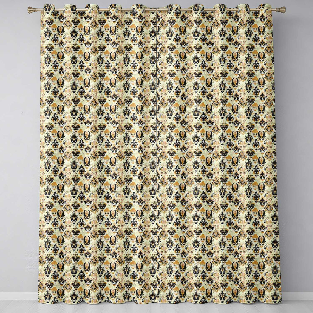 Classic Black and Gold Mask  with Swirling Details Seamless  Readymade Eyelet Ring Top Thermal 100% Blackout Curtains