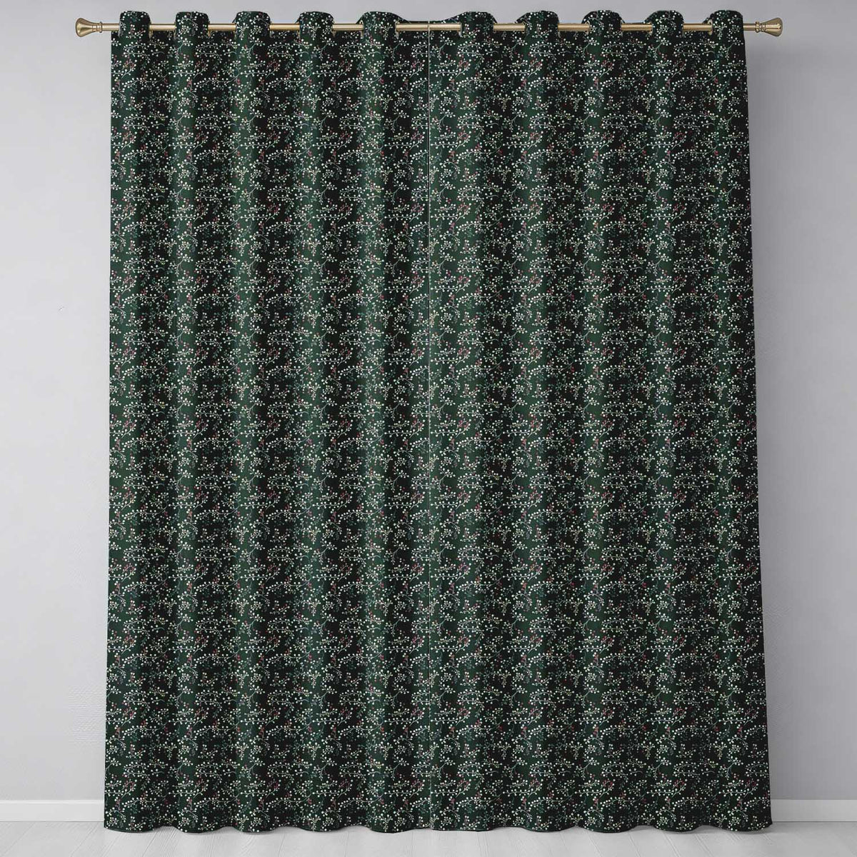 Festive Holly Berry Branches on Deep Green Background Seamless Pattern  Readymade Eyelet Ring Top Thermal 100% Blackout Curtains