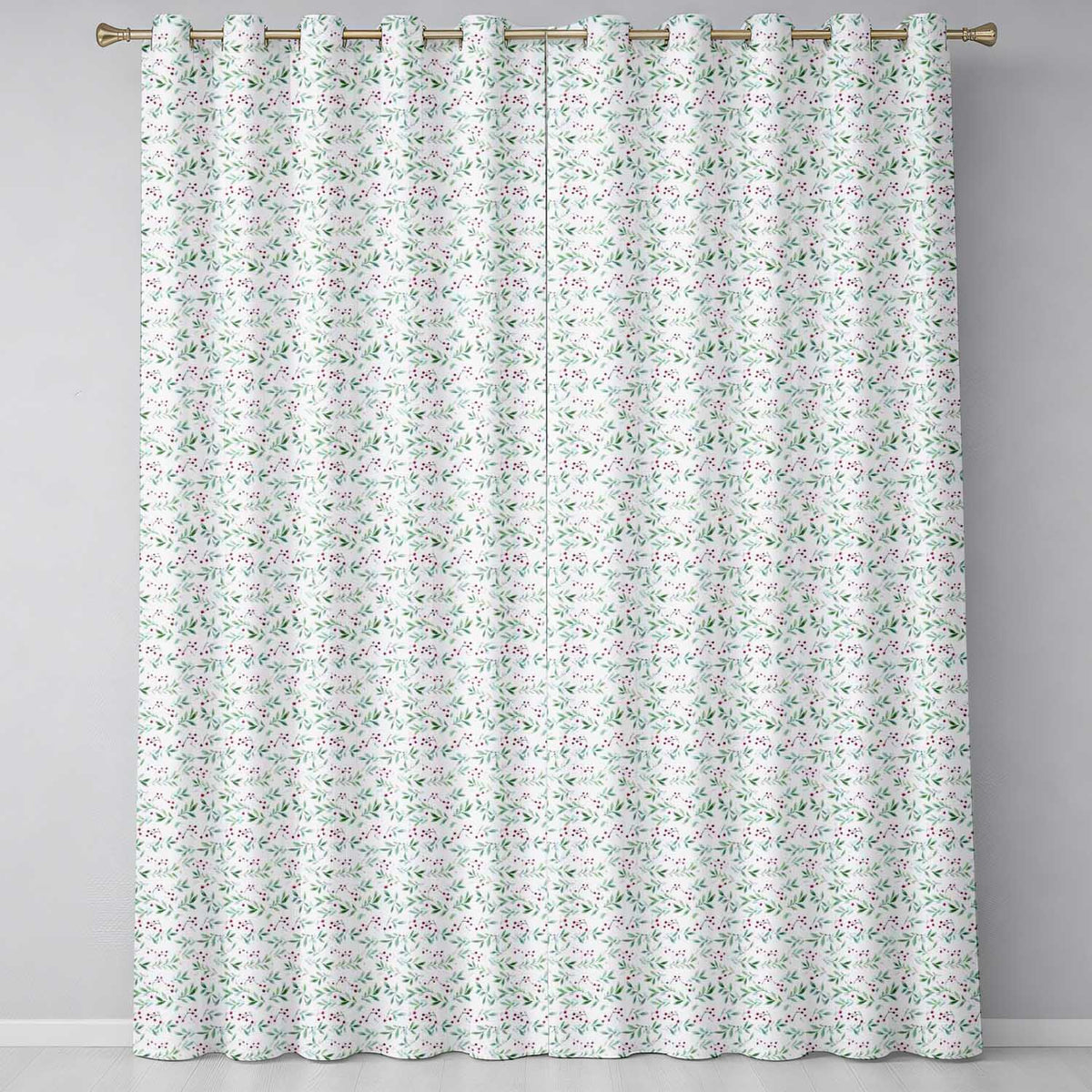 Watercolor Green Leaves and Red Berry Seamless Botanical Pattern  Readymade Eyelet Ring Top Thermal 100% Blackout Curtains